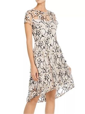 Adrianna Papell Nude and Black Floral Lace High-Low Dress